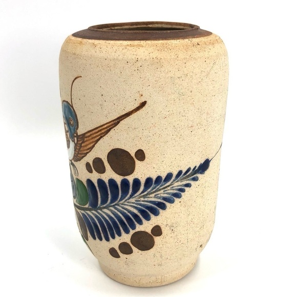 Mexico Folk Art Pottery Tonala Vase Hand Painted Bird Ceramic Sandstone - Picture 2 of 8